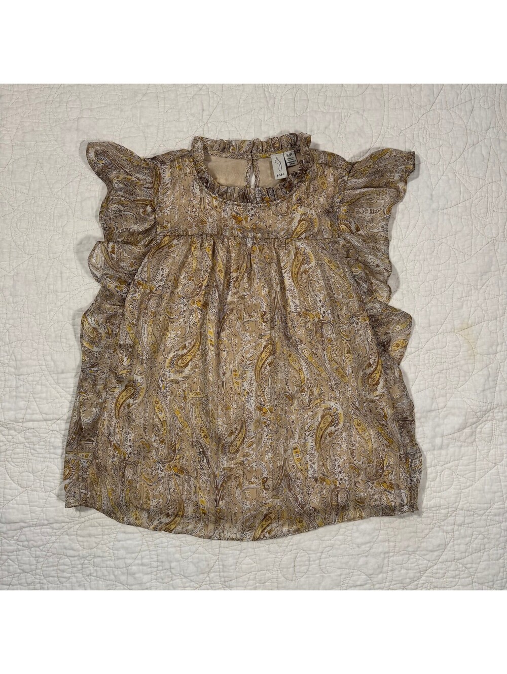 Joie Beige and Gold Cottagecore Paisley Print Blouse Size small